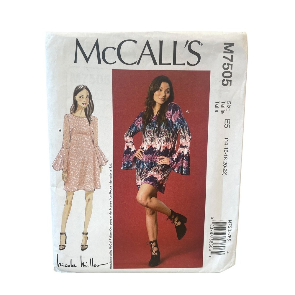 MCCALL'S M7505 MISSES' DRESS E5 (14-16-18-20-22) Bell Sleeve Nicole Miller